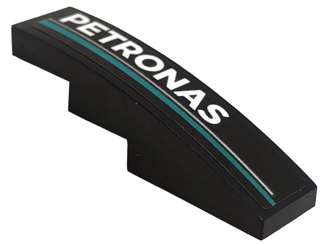 Lego Slope, Curved 4 x 1 with White 'PETRONAS', Silver and Dark Turquoise Lines Pattern Model Left Side (Sticker) - Set 76909