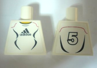 Lego Torso Soccer Uniform White Shirt with Black Adidas Logo, Curved Lines and Number 5 on Back, Yellow Neck Pattern (Stickers) / White
