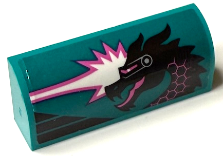 Lego Slope, Curved 1 x 4 x 1 1/3 with Black Dragon Head with Visor and White and Dark Pink Flames Pattern Model Left Side (Sticker) - Set 60389 / Dark Turquoise