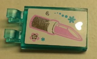 Lego Tile, Modified 2 x 3 with 2 U Clips with Heart, Lipstick and Flower Pattern (Sticker) - Set 3187 / Trans-Light Blue
