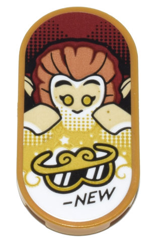 Lego Tile, Round 2 x 4 Oval with Monkey King, Gold Sunglasses, and Black 'NEW' Pattern (Sticker) - Set 80036 / Pearl Gold
