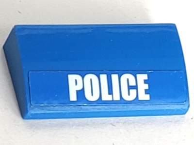 Lego Slope, Curved 2 x 4 x 2/3 with Bottom Tubes with White 'POLICE' Pattern (Sticker) - Set 4436 / Blue