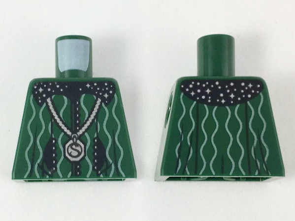 Lego Torso Black Collar with Silver Stars, White Curvy Lines, Silver Locket with 'S' Pattern / Dark Green