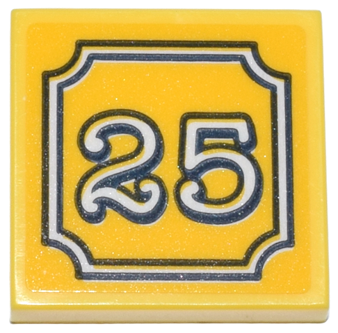 Lego Tile 2 x 2 with White, Black and Dark Blue Plaque Outline and '25' on Bright Light Orange Background Pattern (Sticker) - Set 42671 / Yellow
