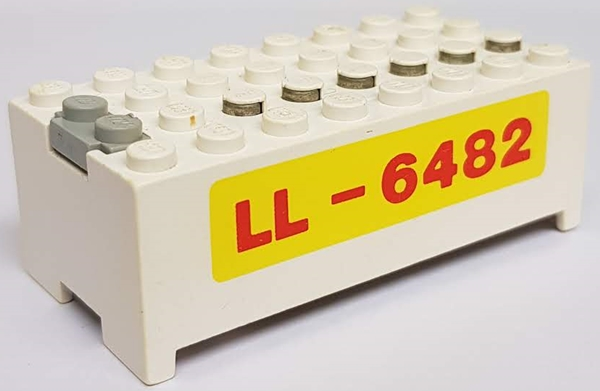 Lego Electric 9V Battery Box Small without Battery Cover with Red 'LL-6482' on Yellow Background Pattern / White