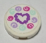 Lego Tile, Round 2 x 2 with Bottom Stud Holder with Medium Lavender Heart and Dark Pink, Light Aqua and Lavender Swirls Pattern (Sticker) - Set 41336