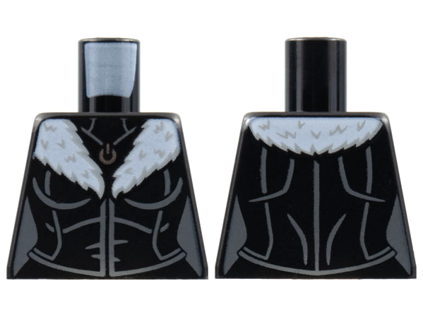 Lego Torso Female, Silver Pendant, White Fur Collar, Dark Bluish Gray Contour Lines Pattern / Black