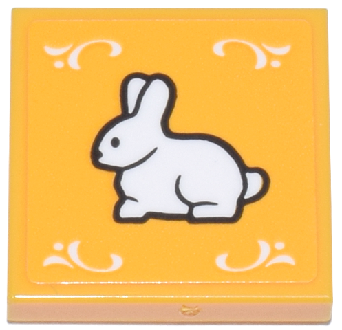 Lego Tile 2 x 2 with White Filigree and Bunny Rabbit with Black Outline Pattern (Sticker) - Set 11370 / Bright Light Orange