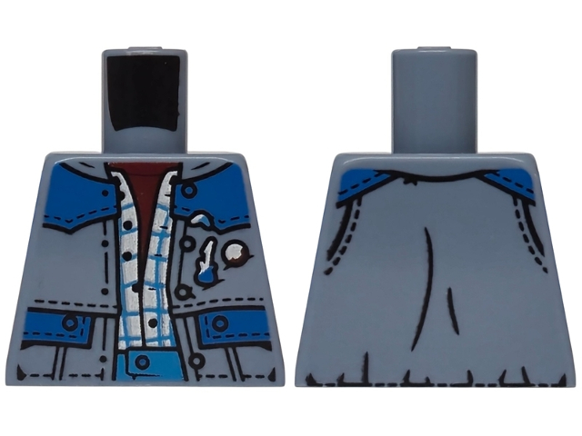 Lego Torso Vest Open with Blue Panels, Black Stitching and Buttons over White and Dark Azure Plaid Shirt, and Dark Red Undershirt Pattern / Sand Blue