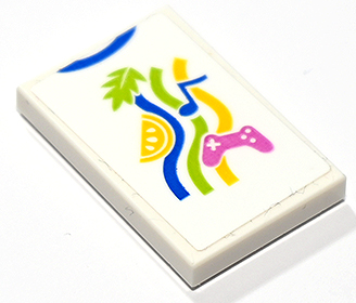 Lego Tile 2 x 3 with T-Shirt Design with Wavy Lines, Blue Collar and Music Note, Dark Pink Game Controller, Lime Leaf and Yellow Lemon Slice Pattern (Sticker) - Set 41748