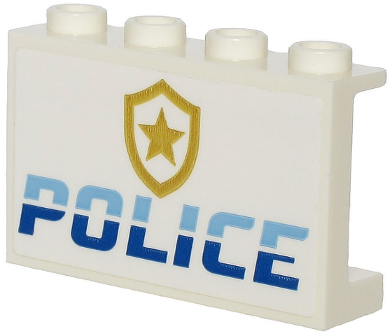 Lego Panel 1 x 4 x 2 with Side Supports - Hollow Studs with Bright Light Blue and Blue 'POLICE' and Gold Star Badge Logo Pattern (Sticker) - Sets 60245 / 60246 / White
