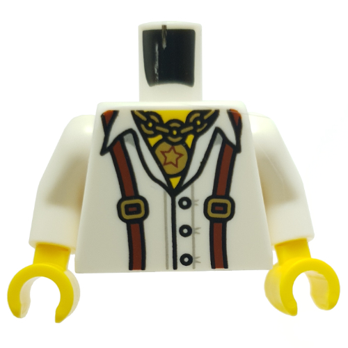 Lego Torso Shirt, Reddish Brown Braces (Suspenders), Necklace with Large Star Pendant Print, White Arms, Yellow Hands
