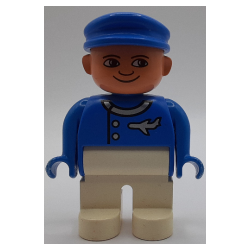 Lego Duplo Figure, Early, with Flat Cap Blue, White Legs, Jacket with Airplane Print / Blue