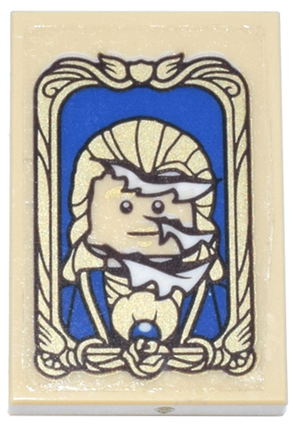 Lego Tile 2 x 3 with Portrait of Beast / Prince Adam, Claw Marks and Torn Canvas, Ornate Gold Frame and Blue Background Pattern (Sticker) - Set 43263