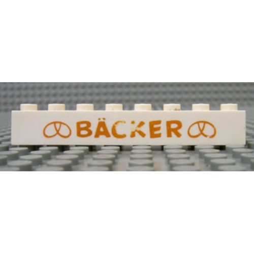 Lego Brick 1 x 8 with 'BÄCKER' (BACKER) Narrow, Pretzels Gold Print / White