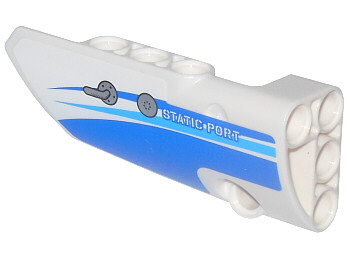 Lego Technic, Panel Fairing # 3 Small Smooth Long, Side A with Blue Curved Stripes and 'STATIC PORT' Pattern (Sticker) - Set 42025 / White