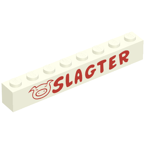 Lego Brick 1 x 8 with 'Slagter' and Pig Face Red Print / White