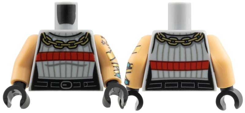 Lego Torso Female Gold Chain Red Stripe, Dark Bluish Gray Pinstripes, Black Belt Pattern / Medium Tan Arm Left with Black Tattoo, Gold Band and Bracelets, Dark Turquoise Circles Pattern / Medium Tan Arm Right / Black Hands