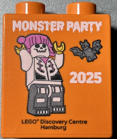 Lego Duplo, Brick 1 x 2 x 2 with MONSTER PARTY 2025 LEGO Discovery Centre Hamburg Pattern