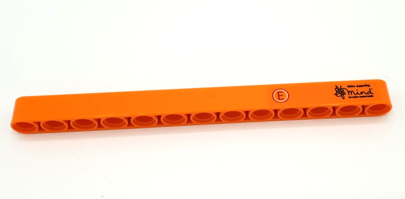 Lego Technic, Liftarm Thick 1 x 13 with Capital Letter E in Red and White Circle and Black 'mind' Logo Pattern Model Right Side (Sticker) - Set 42141 (First Version)