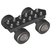 Lego Duplo Car Base 2 x 6 with Four Black Wheels and Metallic Silver Hubs