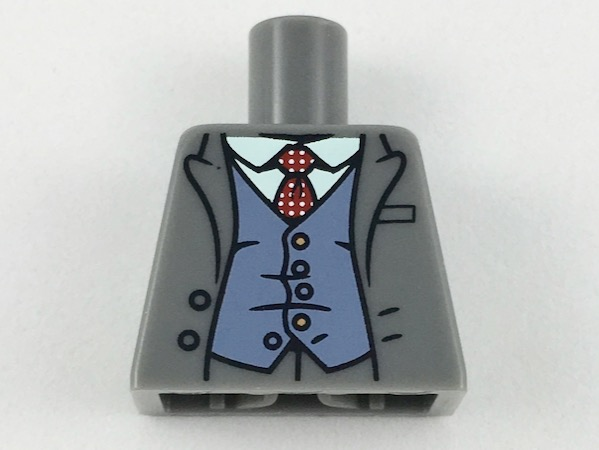 Lego Torso Jacket, White Shirt, Red Tie with White Spots, Sand Blue Vest Pattern / Dark Bluish Gray