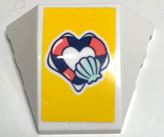 Lego Wedge 4 x 3 Triple Curved No Studs with Dark Blue and Coral Heart Shape Life Preserver and Light Aqua Shell on Yellow Background Pattern (Sticker) - Set 41380 / White