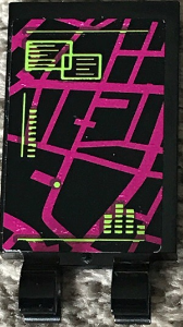 Lego Tile, Modified 2 x 3 with 2 Clips with Magenta Map and Lime Notes Pattern 1(Sticker) - Set 79117 / Black