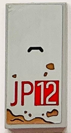 Lego Tile 2 x 4 with Red 'JP12' and Medium Nougat Mud Pattern (Sticker) - Set 76958 / Light Bluish Gray