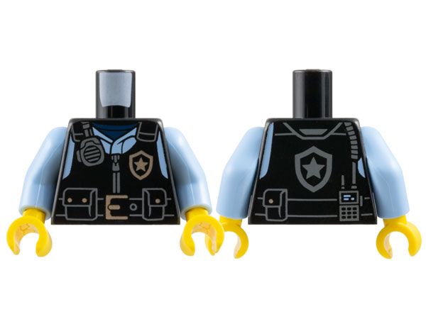 Lego Torso Police Safety Vest, Silver Star Badge Logo, Dark Bluish Gray Radio, Belt with Buckle and Pouches, Bright Light Blue Shirt Pattern / Bright Light Blue Arms / Yellow Hands