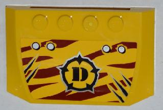 Lego Wedge 4 x 6 x 2/3 Triple Curved with 4 Rivets, Claw Scratch Marks (3 on Left) and Dino Logo on Dark Red Tiger Stripes Pattern (Sticker) - Set 5885