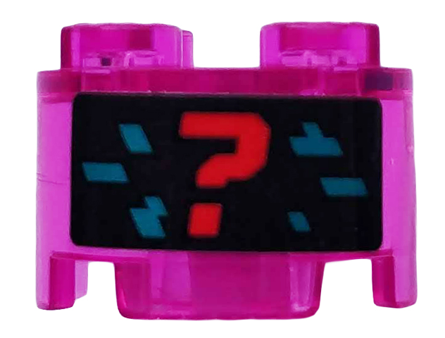 Lego Brick, Round 2 x 2 with Axle Hole with Red Question Mark and Dark Turquoise Pixels on Black Background Pattern (Sticker) - Set 71708 / Trans-Dark Pink