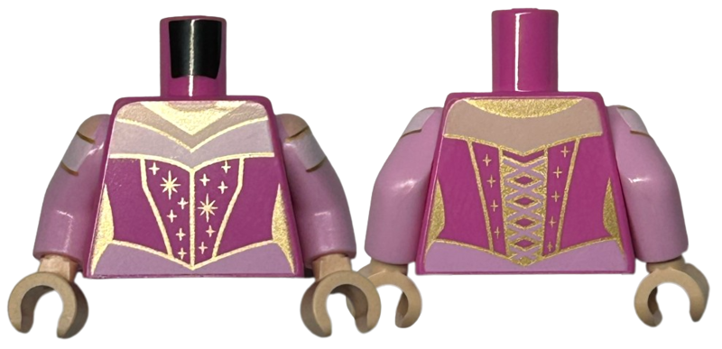 Lego Torso Female Corset and Bright Pink and White Dress, Gold Sparkles Pattern / Bright Pink Arms with White Trim Pattern / Light Nougat Hands