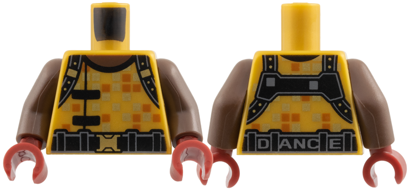 Lego Torso Umber Neck, Black Suspenders and Belt, Gold and Dark Orange Squares, Dark Bluish Gray 'DANCE' on Back Pattern / Umber Arms / Dark Red Hands