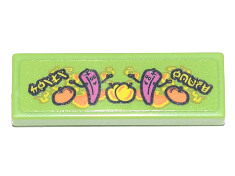 Lego Tile 1 x 3 with Ninjago Logogram 'CHILI HOUSE', Magenta Chilies, Yellow and Orange Fruit, and Flames Background Pattern (Sticker) - Set 71741 / Lime
