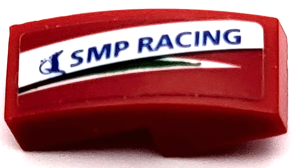 Lego Slope, Curved 2 x 1 x 2/3 with Blue 'SMP RACING' on White Stripe Pattern Model Left Side (Sticker) - Set 75889