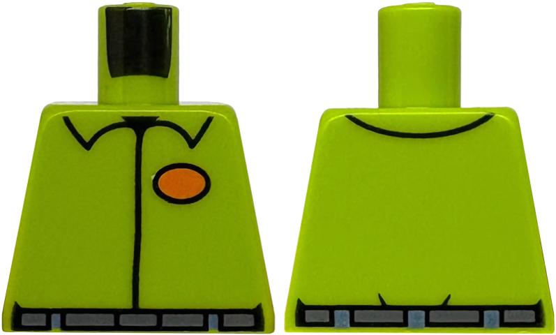 Lego Torso Shirt with Collar, Orange Oval, Dark Bluish Gray Belt, Sand Blue Belt Loops Pattern / Lime