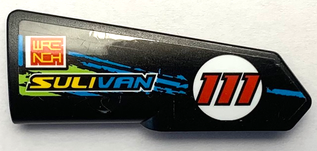 Lego Technic, Panel Fairing #22 Very Small Smooth, Side A with 'SULIVAN', 'WRENCH', Red '111' in Circle and Blue and Lime Stripes Pattern (Sticker) - Set 42103