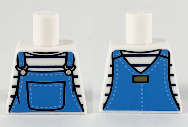 Lego Torso Shirt with Black Stripes and Medium Blue Overalls Pattern / White