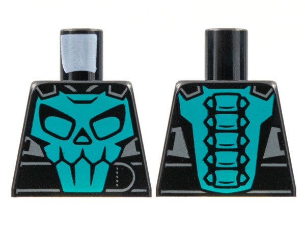 Lego Torso Motorcycle Jacket, Dark Turquoise Skull on Front, Spine on Back Pattern / Black