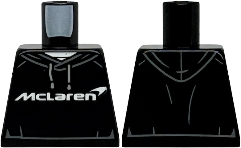 Lego Torso Hoodie with Light Bluish Gray Drawstrings, Dark Bluish Gray Hem Lines, White 'McLaren' Logo and Undershirt Pattern / Black