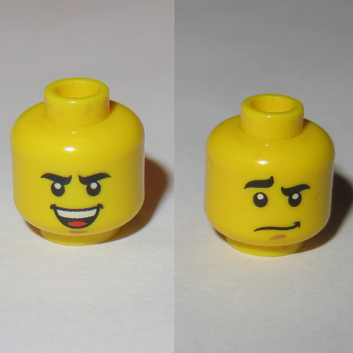 Lego Minifig Head Soldier, Curved Eyebrows, Brown Chin Dimple, Laughing / Worried Print / Yellow