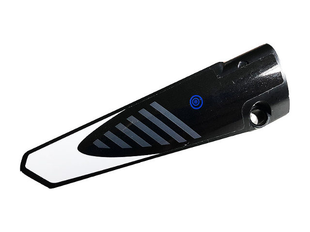 Lego Technic, Panel Fairing # 5 Long Smooth, Side A with Gray Stripes, Blue Circles and White Pattern (Sticker) - Set 42096 / Black