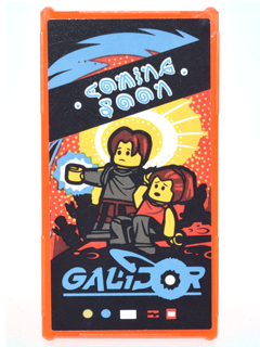 Lego Glass for Window 1 x 4 x 6 with Movie Poster with Blue 'GALIDOR', 'COMING SOON' and 2 Minifigures Pattern (Sticker) - Set 70620 / Trans-Neon Orange