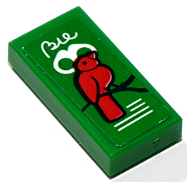 Lego Tile 1 x 2 with Red Bird, Black Branch, White Binoculars and 'Bie' Pattern (Sticker) - Set 41730 / Green