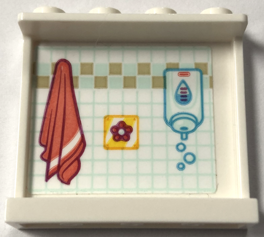 Lego Panel 1 x 4 x 3 with Side Supports - Hollow Studs with Coral Towel and Tap on Yellow Panel, Soap Dispenser and Light Aqua Tiles Pattern (Sticker) - Set 41720
