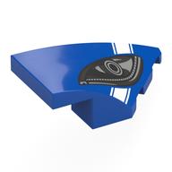 Lego Brick Wedged, Curved 4 x 2 with Stud Notch Right with Black/Dark Bluish Grey Headlight, White Stripe Print / Blue
