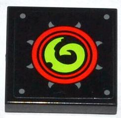 Lego Tile 2 x 2 with Lime Swirl in Red Circles Pattern (Sticker) - Set 70504 / Black
