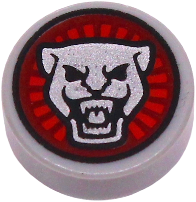 Lego Tile, Round 1 x 1 with Silver and Black Jaguar Face Emblem, Dark Red and Red Sunburst Background Pattern