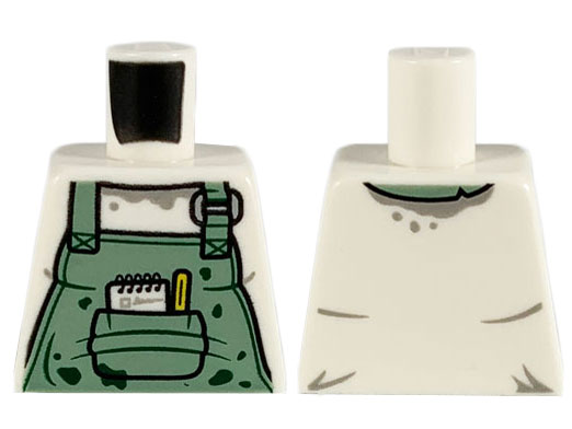 Lego Torso Sand Green Apron, Dark Green Splotches, Pen and Pad in Pocket Pattern / White